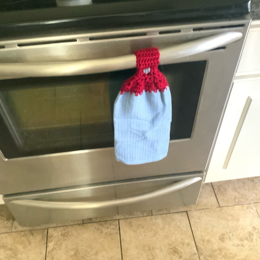 Red and Blue Crochet Kitchen Towel